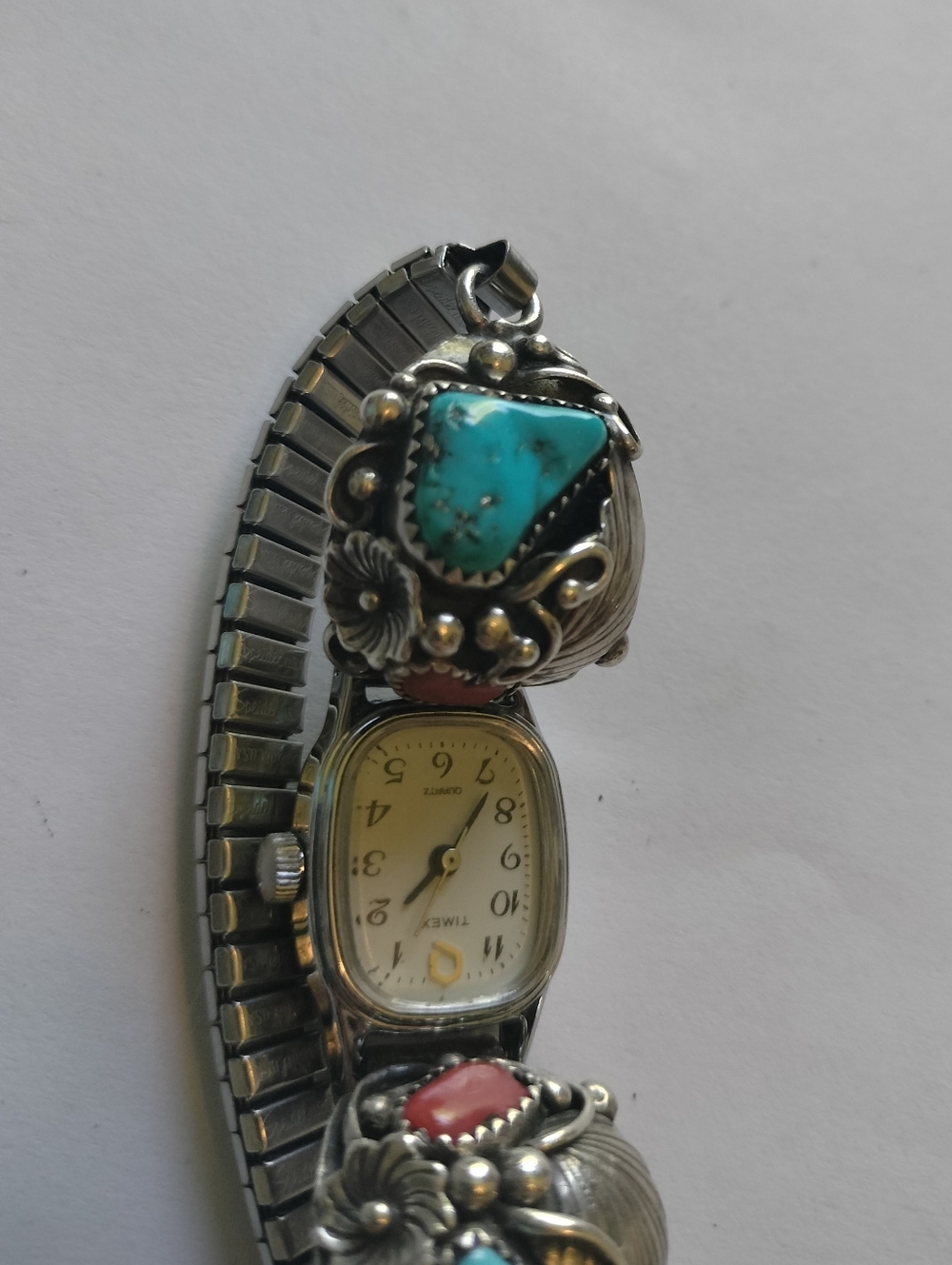 Vintage Native American Sterling Turquoise Watch Connectors On Timex Watch
